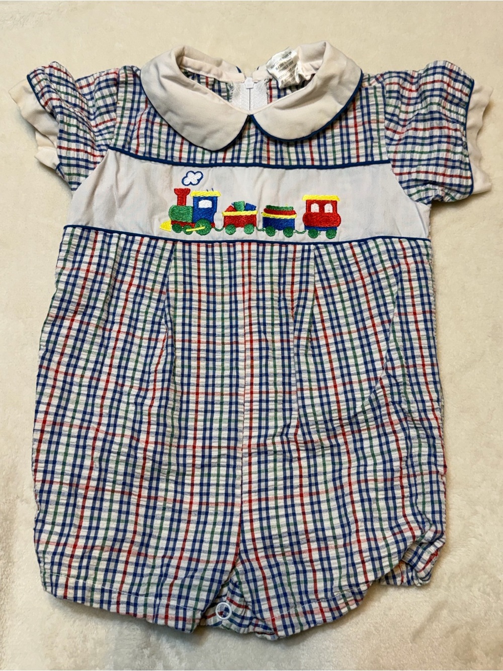 Blue Red Green Plaid Train Embroidered One-Piece vintage Romper 6-9 Months